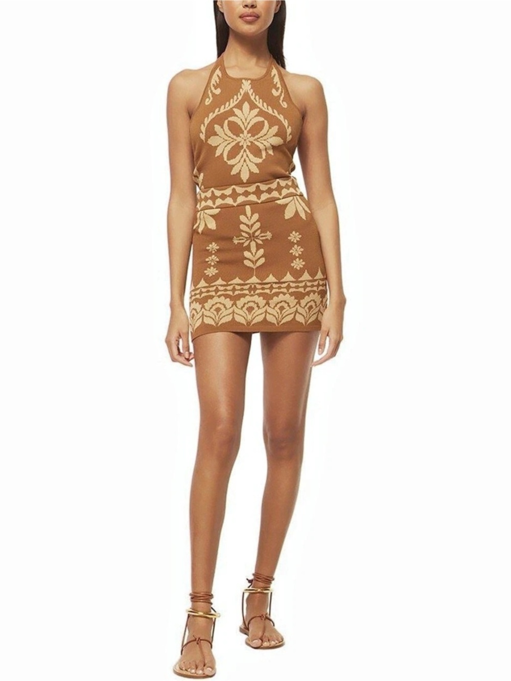 NWT MISA Los Angeles Brown BeigeJacquard Knit Halterneck Too and Mini Skirt Sz M